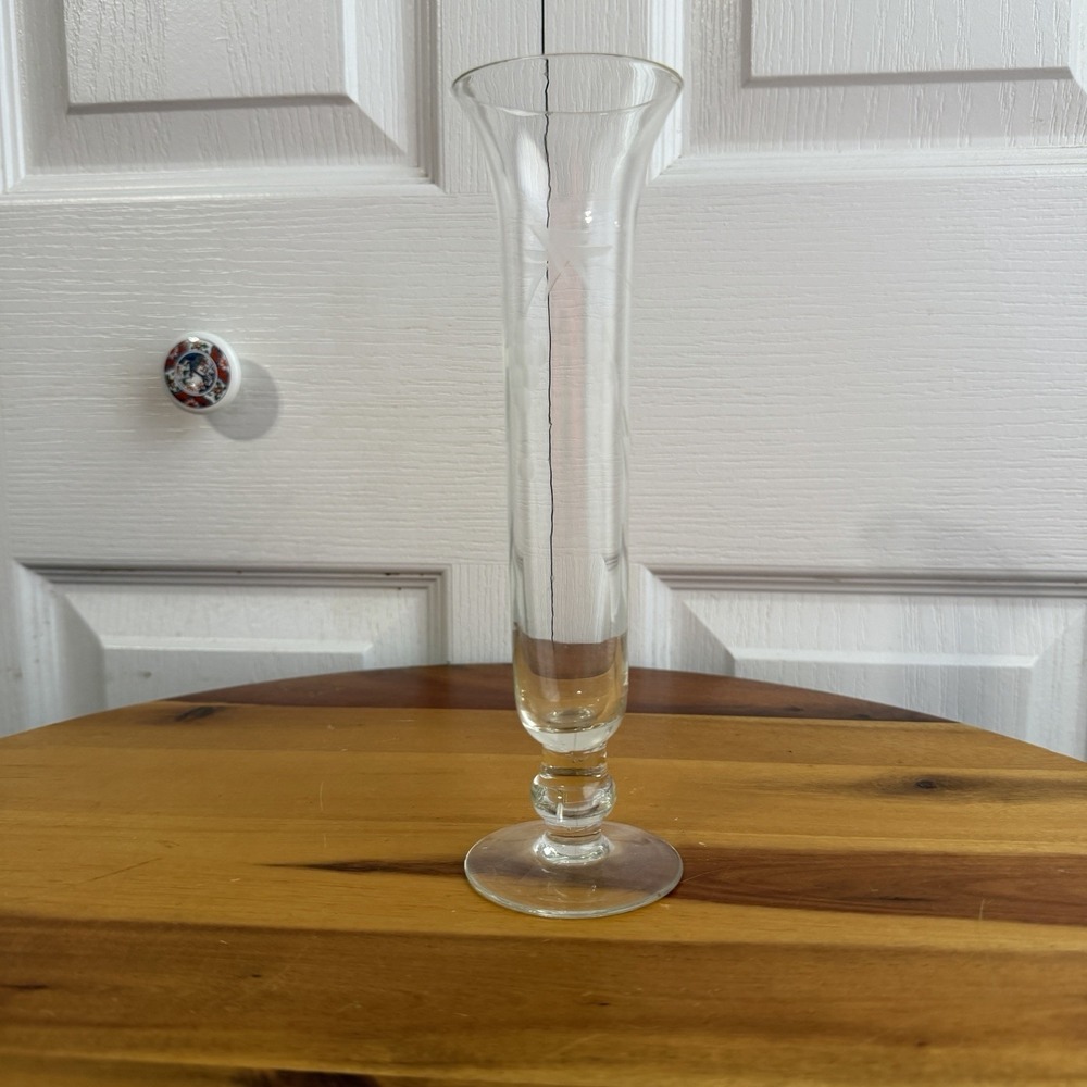 Vintage Clear Glass Etched Grapevine Bud Vase Cottagecore Grannycore Farmhouse